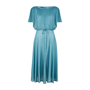 1970s Shubette Teal Angel-Sleeve Knitted Jersey Dress
