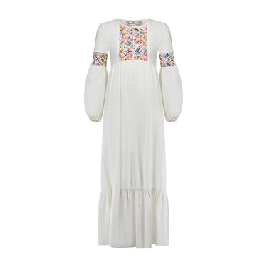 1970s Young Edwardian Embroidered Linen Maxi Dress