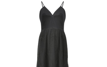 1980s Frank Usher Black Jersey and Lace Slip Dress