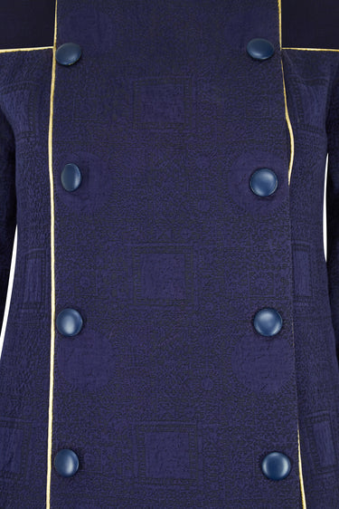 1990s Paco Rabanne Haute Couture Navy Cut-out Coat Dress with Gold Lame Trim