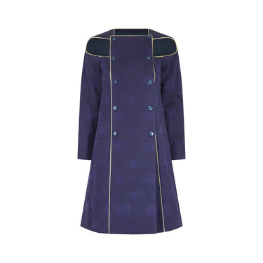 1990s Paco Rabanne Haute Couture Navy Cut-out Coat Dress with Gold Lame Trim
