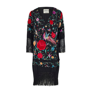 1980s Adolfo Black Embroidered Piano Shawl Dress