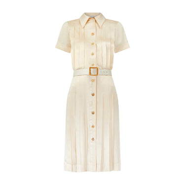 ARCHIVE - 1988 Runway Chanel Cream Silk Pleated Dress with Belt
