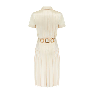 ARCHIVE - 1988 Runway Chanel Cream Silk Pleated Dress with Belt