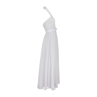 1980s Frank Usher White Georgette Halter Neck Dress