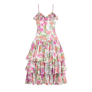 ARCHIVE - 1980s Gina Fratini White Floral Ruffle Skirt Strappy Dress