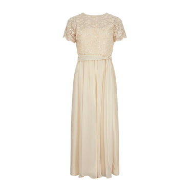 1980s Jack Bryan Cream Georgette Dress with Beaded and Tulle Bodice