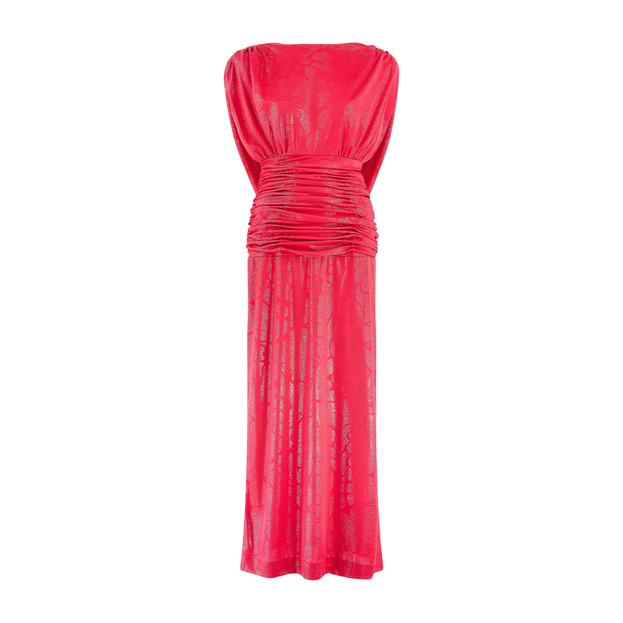 1980s John Charles Red Gold Lame Maxi Dress with Ruched Waist
