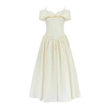 1990s Margaret Lee Cream Silk Off-Shoulder Wedding Dress with Bow