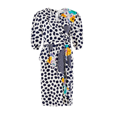 1980s Navy and White Polka Dot and Floral Dress