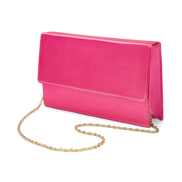 1980s Launer London Tosca Silk Pink Clutch with Gold Chain Strap