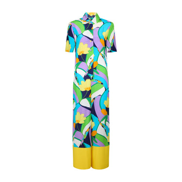 1980s Turquoise Blue Yellow Geometric Print Jumpsuit