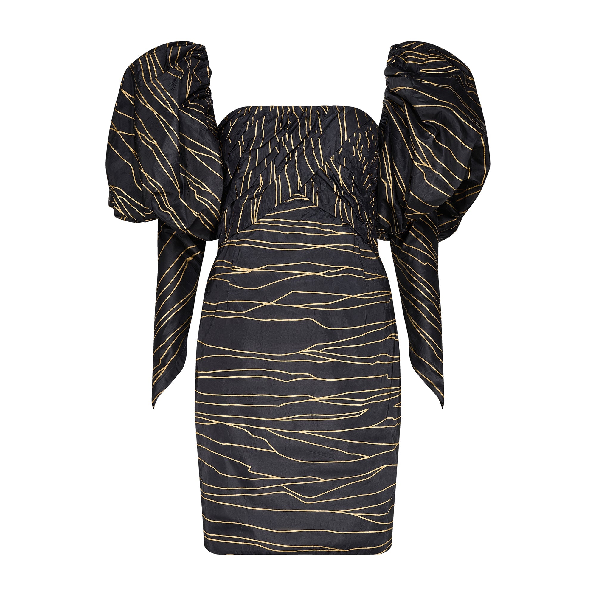 1986 Runway Chanel Gold Black Silk Dress with Detachable Puff Sleeves 1986 Runway Chanel Gold Black Silk Dress with Detachable Puff Sleeves
