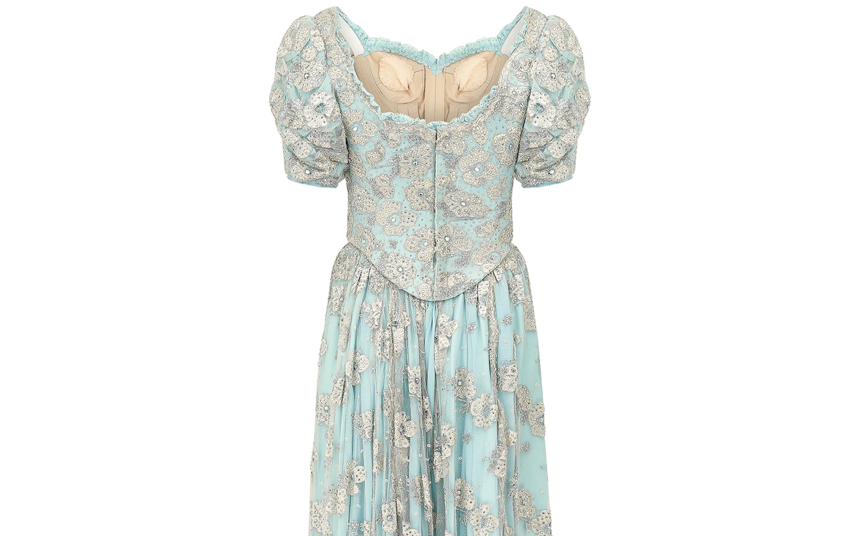 1990s Bespoke Embellished Lace and Crystal Turquoise Dress