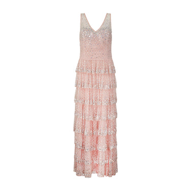 1990s Bellville Sasson Pink Sequinned Tulle Ruffle Layer Gown