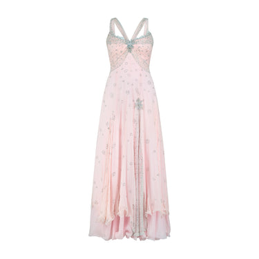 1990s Bespoke Pink Silk Maxi Dress with Rhinestones and Silver Lace