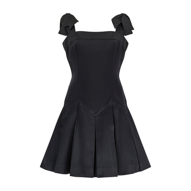 ARCHIVE - 1990 Documented Chanel Black Satin Bow Shoulder Pleated Mini Dress