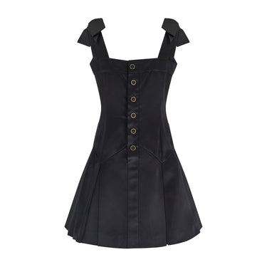 ARCHIVE - 1990 Documented Chanel Black Satin Bow Shoulder Pleated Mini Dress