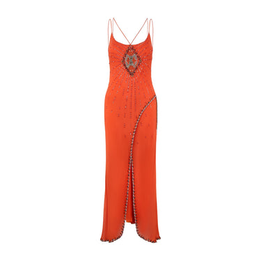 1990s Patric Casey Deep Orange Silk Bias Cut Dress with Beadwork