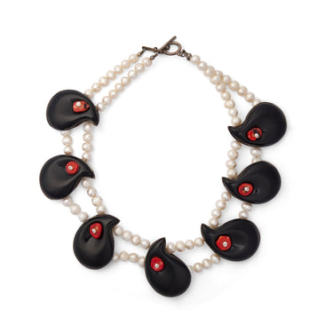 2000s Fresh Water Pearl Double Onyx and Coral Strand Necklace