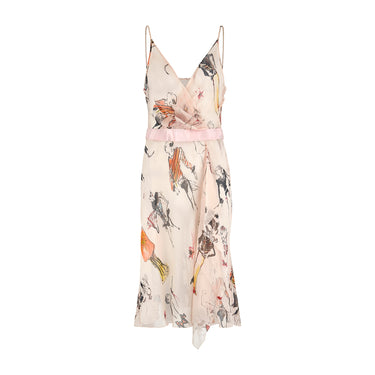 2004 Moschino Runway Documented Pink Silk Chiffon Novelty Print Dress