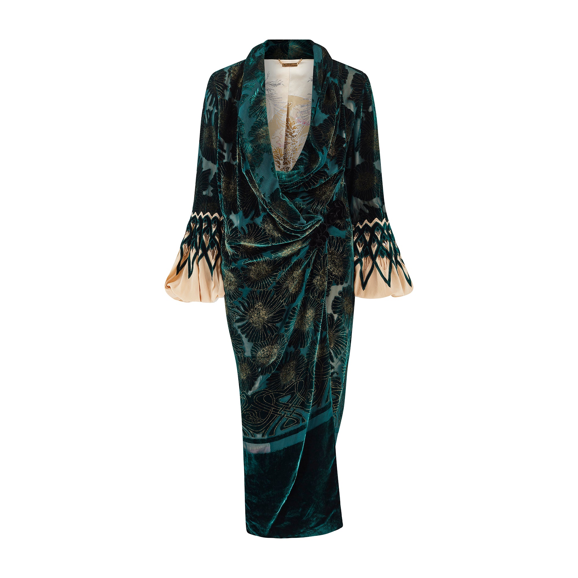 ARCHIVE - 2006 Roberto Cavalli Runway Green Silk Embossed Velvet Coat CIRCA VINTAGE ARCHIVE - 2006 Roberto Cavalli Runway Green Silk Embossed Velvet Coat CIRCA VINTAGE