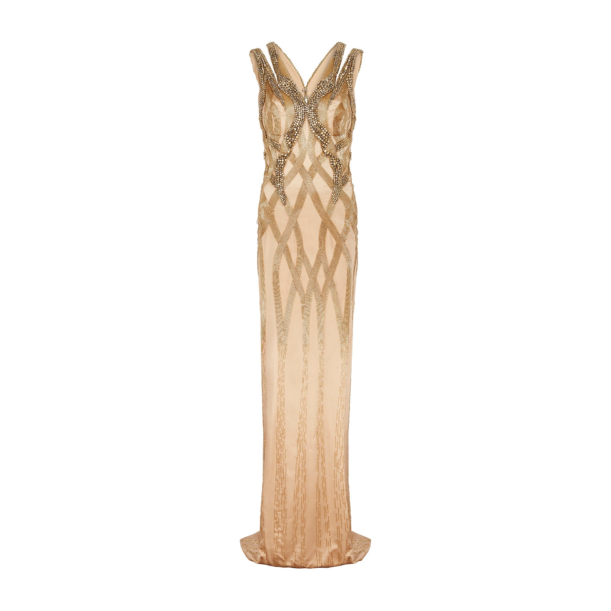 2015 Versace Documented Gold Beaded Silk Gown with High Slit
