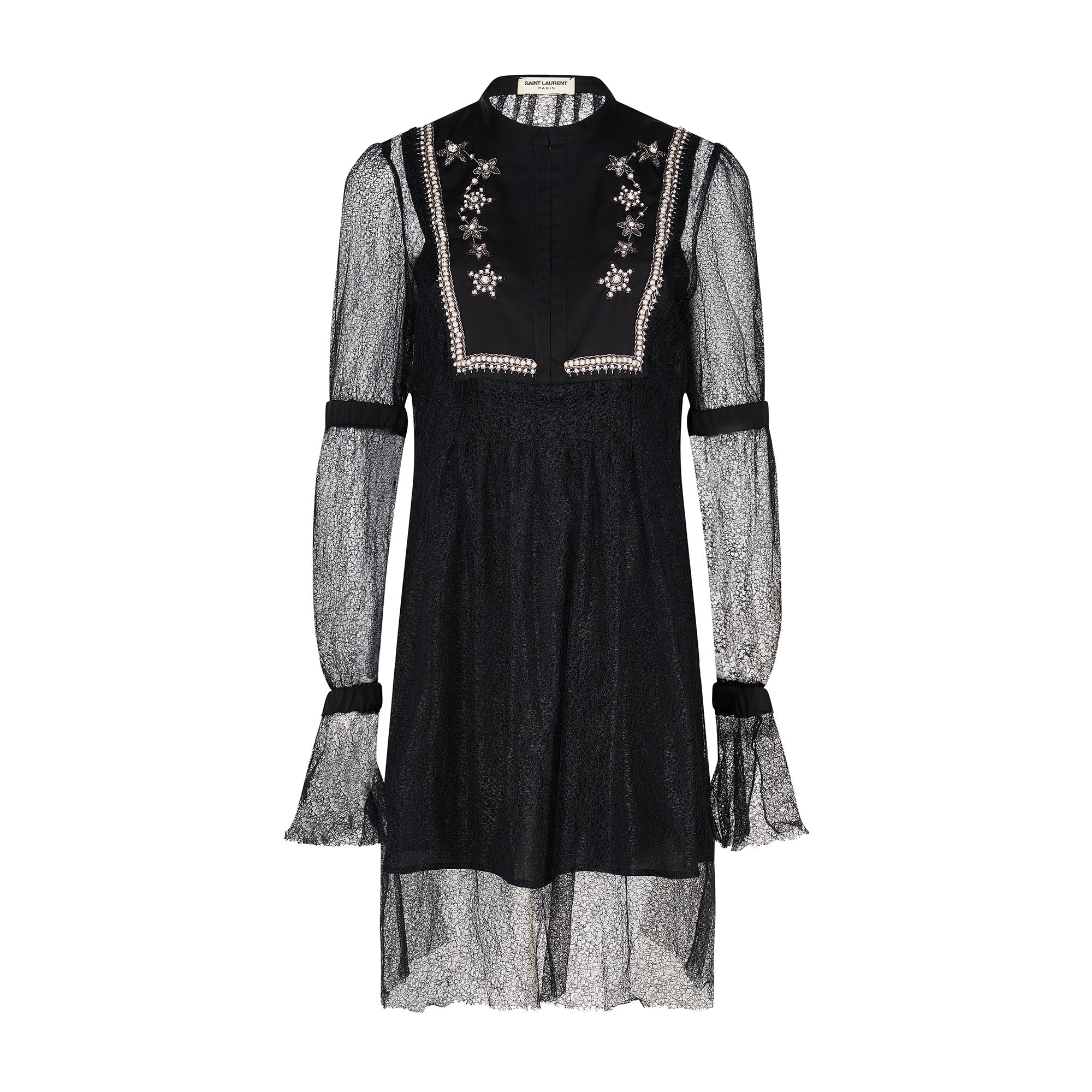 2017 Saint Laurent Embellished Yolk Black Lace Dress