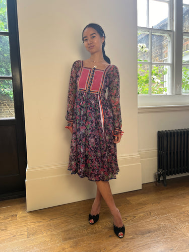 ARCHIVE - 1970s Rumak Silk Floral and Ribbon Work Dress