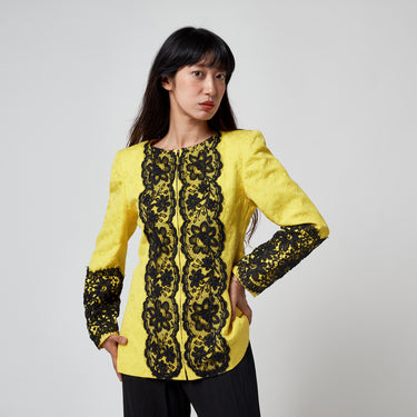 ARCHIVE - 1991 Christian Lacroix Runway Yellow Jacquard Jacket with Black Lace