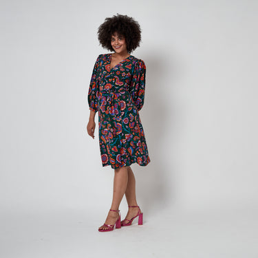 ARCHIVE - 1983 Runway Saint Laurent Floral and Polka-Dot Bell-Sleeve Silk Dress