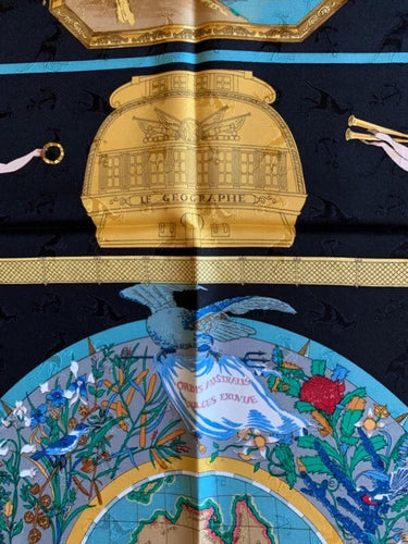 ARCHIVE - 1992 Hermès Black “Geographe” by Sandra Laroche Silk Jacquard Scarf
