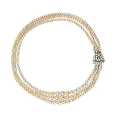 1950s Glass Pearl Triple Strand Necklace with Rhinestone Clasp