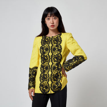 ARCHIVE - 1991 Christian Lacroix Runway Yellow Jacquard Jacket with Black Lace