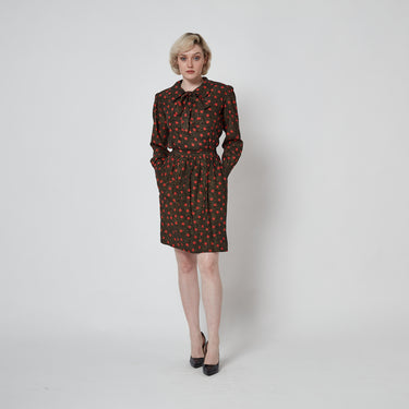 1980s Yves Saint Laurent Black Red and Gold Print Dress