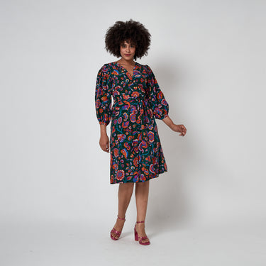 ARCHIVE - 1983 Runway Saint Laurent Floral and Polka-Dot Bell-Sleeve Silk Dress