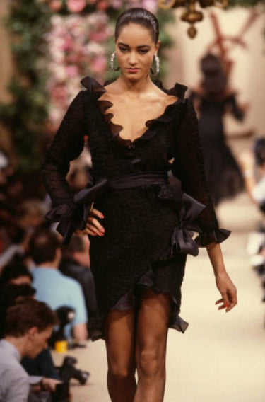 ARCHIVE - 1987 Saint Laurent Runway Black Crinkle Dress with Taffeta Ruffles