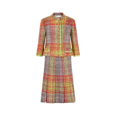 ARCHIVE - 1960s Solone Couture Green and Red Boucle Wool Skirt Suit