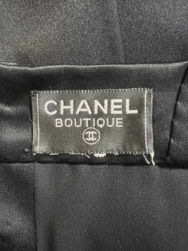 ARCHIVE - 1990 Documented Chanel Black Satin Bow Shoulder Pleated Mini Dress