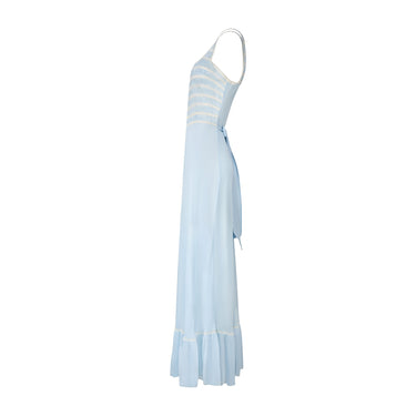 1930s Baby Blue Silk and White Lace Maxi Slip with Ruffle Hem