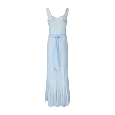 1930s Baby Blue Silk and White Lace Maxi Slip with Ruffle Hem