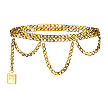 1987 Chanel Gold Double Chain Strand Belt with Perfume Bottle Charm