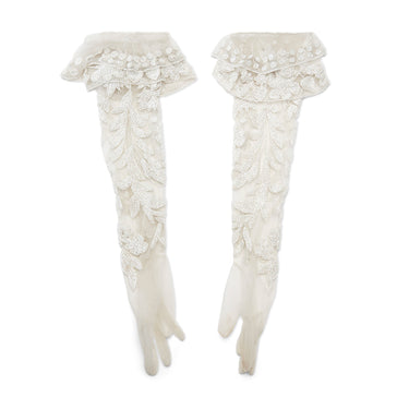 1990s Floral Beaded White Tulle Elbow Length Gloves