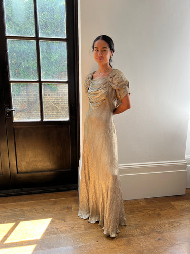 ARCHIVE - 1930s Gold Lame Dress with Ruched Bodice and Sleeve Detail