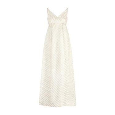 1960s Malcolm Starr White Brocade Empire-Line Wedding Dress