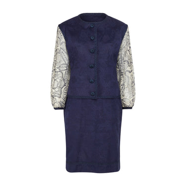 1990 Zandra Rhodes Navy Jacquard Bell Sleeved Skirt Suit
