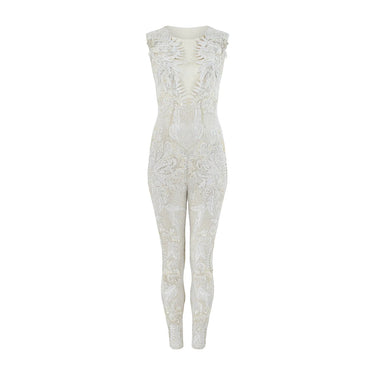 2016 Julien MacDonald White Cream Beaded Jumpsuit with Net Inserts