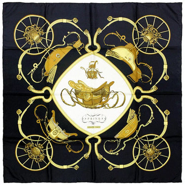 ARCHIVE - 1974 Hermès Black “Springs” by Philippe Ledoux 90cm Silk Twill Scarf