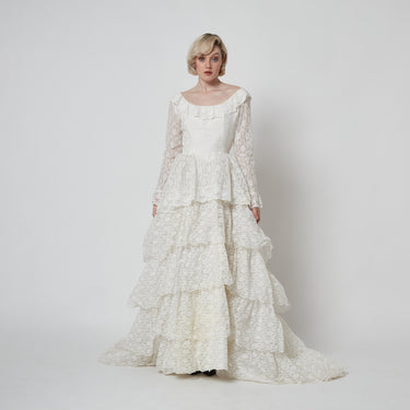 ARCHIVE - 1970s Five Tier Lace Wedding Dress with Wide Neckline