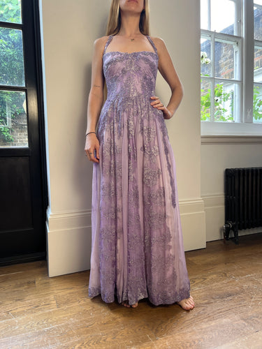 ARCHIVE - 1990s Lilac Butterfly Bespoke Embellished Chiffon Maxi Dress